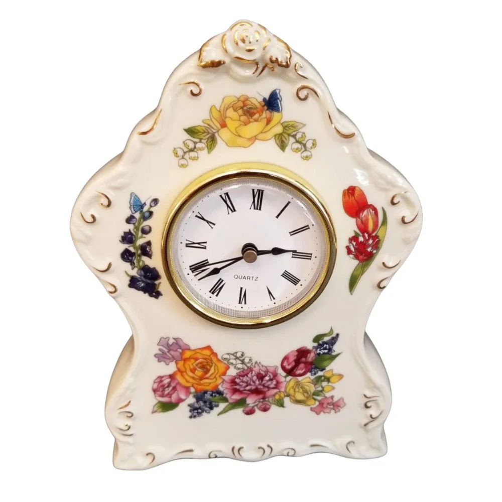 Collection Porcelain Avon Clock Romantic Flowers Gold accents 2002